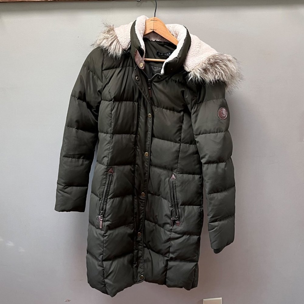 Lauren Ralph Lauren Hooded Puffer Down Jacket w/ Faux Fur Trim- Size XS